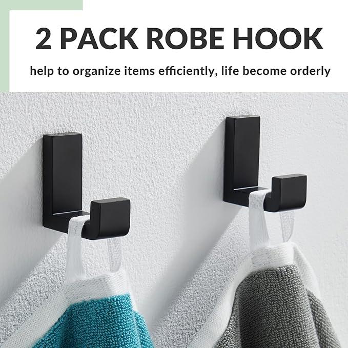 APLusee L Shape Bath Towel Hook 2 Pack, 304 Stainless Steel Coat Holder, Wall Mounted Storage Hanger for Bathroom Kitchen, Matte Black - ModernBath