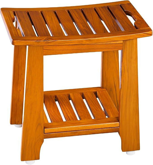 24" Large Teak Shower Bench with Shelf & Handle - Waterproof Spa Stool, Non-Slip Leveling Feet & 300 lbs Capacity - for Showers, Saunas/Steam Rooms & Outdoor Pools (Patented) - ModernBath