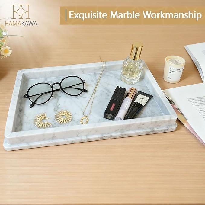 HAMAKAWA Large Natural Marble Bathroom Vanity Tray 12 inch, Carrara White Stone Jewelry Tray, Rectangle Sink Trays, Modern Tank Trays, Countertop Organizer for Soap Dispenser, Kitchen, Home Decor - ModernBath