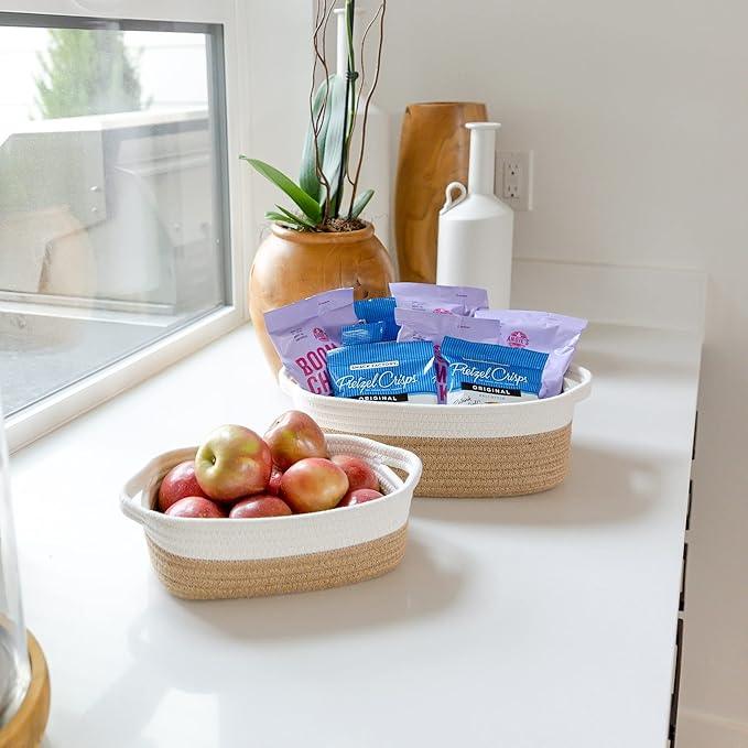 NaturalCozy 5-Piece Rectangle Storage Basket Set- Natural Cotton Rope Woven Baskets for Organizing! Small Basket for Montessori, Baby Nursery, Dog Toy Baskets, Cat Toy Box, Bathroom Organization Bin - ModernBath