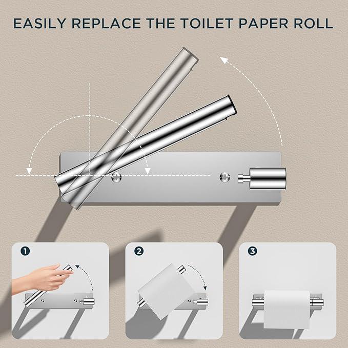 FORIOUS Toilet Paper Holder, Adhesive or Wall Mounted Options, Stainless Steel Rustproof Stick on no Drilling Double Post Pivoting Toilet Tissue Roll Holder Wall Mount for Bathroom, Polished Chrome - ModernBath