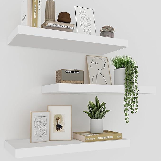 White Floating Shelves for Wall Set of 3, 16" White Shelves for Home Decor, Frame Display Wall Mounted Floating Shelf for Living Room, Bedroom, Bathroom, Kitchen - ModernBath
