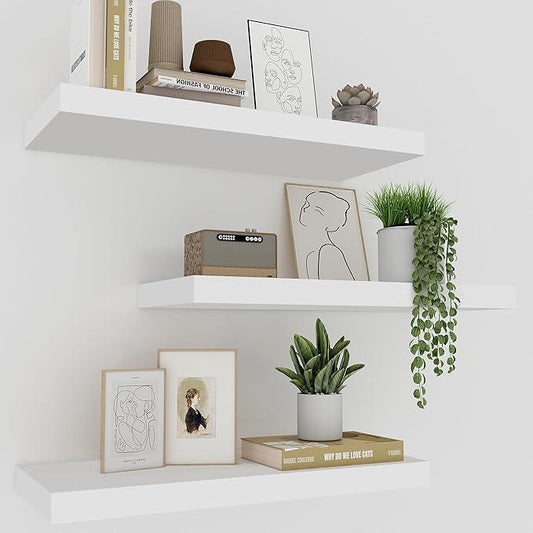 White Floating Shelves for Wall Set of 3, 16" White Shelves for Home Decor, Frame Display Wall Mounted Floating Shelf for Living Room, Bedroom, Bathroom, Kitchen - ModernBath
