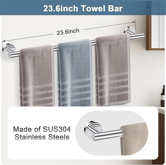 Polished Chrome Bathroom Hardware Set, 5 Pieces Chrome Towel Bar Bathroom Accessories, Upgraded Toilet Paper Holder with Shelf Set, 23.6 Inch Towel Rack Towel Holder for Bathroom Wall - ModernBath