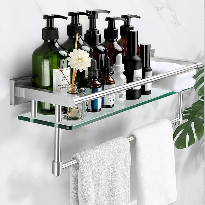Glass Bathroom Shelf with Towel Bar, Stainless Steel Tempered Towel bar/Track Glass Bathroom Shelves Wall Mount Over The Toilet (Brushed Nickel, 20-inch) - ModernBath