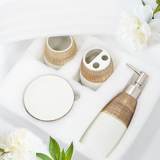 CERBIOR Bathroom Accessories Set,4 Pcs Ceramic Bathroom Decor Accessory,Includes Toothbrush Holder, Toothbrush Cup, Soap Dish for Decorative Countertop and Housewarming Gift, (Brown White) - ModernBath