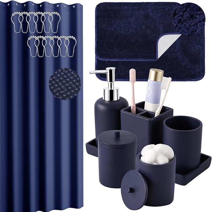 21 Pcs Bathroom Accessory Set with Waterproof Shower Curtain and Non Slip Mat,Resin Bath Set with Toothbrush Holder and Lotion Soap Dispenser,Bathroom Countertop Organizer Set for Home Apartment - ModernBath