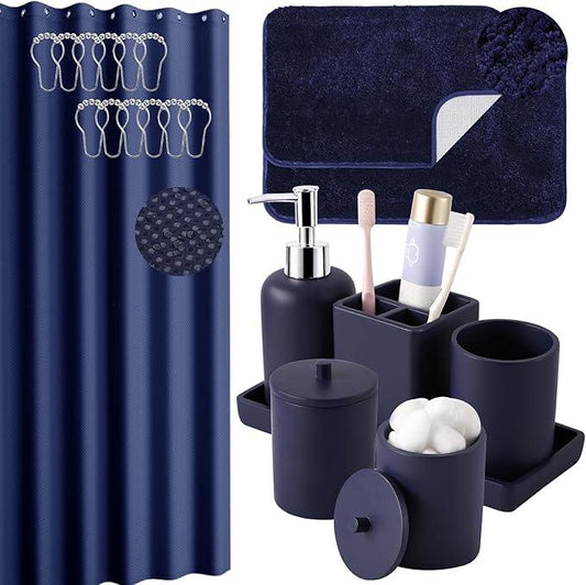 21 Pcs Bathroom Accessory Set with Waterproof Shower Curtain and Non Slip Mat,Resin Bath Set with Toothbrush Holder and Lotion Soap Dispenser,Bathroom Countertop Organizer Set for Home Apartment - ModernBath