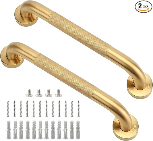 Rackickyer Shower Grab Bar, 2 Pack 12 Inch Gold Bathroom Grab Bar, 1.25" Diameter 304 Stainless Steel Anti-Slip Grab Bars for Bathtubs and Showers, Handicap Shower Grab Bar for Seniors Elderly