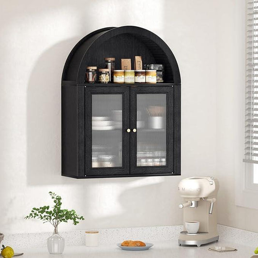 Arched Bathroom Cabinet, Wall Mounted Bathroom Cabinet with Tempered Glass Doors and Adjustable Shelf, for Kitchen, Living Room, Laundry Room, Restroom, Black - ModernBath