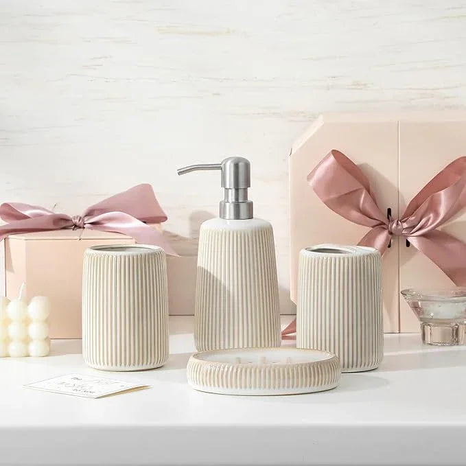 vancasso Ceramic Bathroom Accessories Set 4 Piece, Soap Dispenser with Stainless Steel Pump, Toothbrush Holder, Tumbler and Soap Dish, Modern Relief Design, Bathroom Decor Organizer, Beige-White - ModernBath
