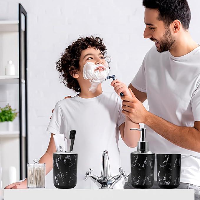 XLHOMO Black Marble Bathroom Accessories Set, Black Bathroom Set with Trash Can, Vanity Tray, Soap Dispenser, Soap Dish, Toothbrush Holder, Toothbrush Cup, Toilet Brush and Qtip Holders for Bathroom - ModernBath