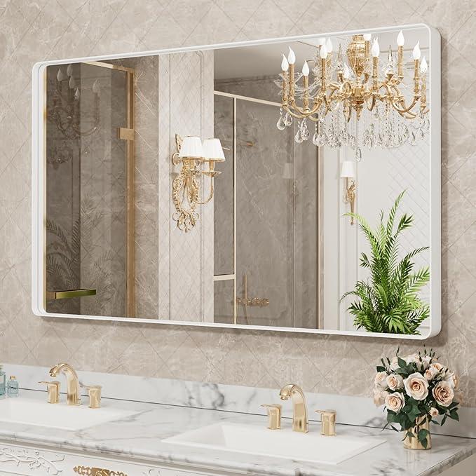 LOAAO 55x30 Inch White Metal Framed Bathroom Mirror for Wall, White Bathroom Vanity Mirror Farmhouse, Large Rounded Rectangle Mirror, Anti-Rust, Tempered Glass, Hangs Horizontally or Vertically - ModernBath