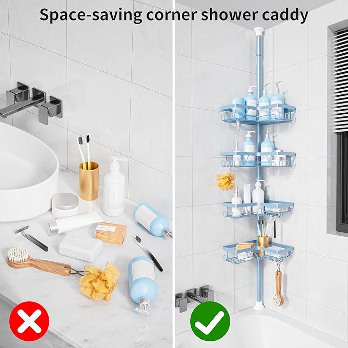 KEGII Shower Caddy Tension Pole, 4-Tier Rustproof Adjustable Corner Bathroom Organizer for Renters, 25–114.2 Inch No Drill Space-Saving Shower Storage Rack, Blue - ModernBath