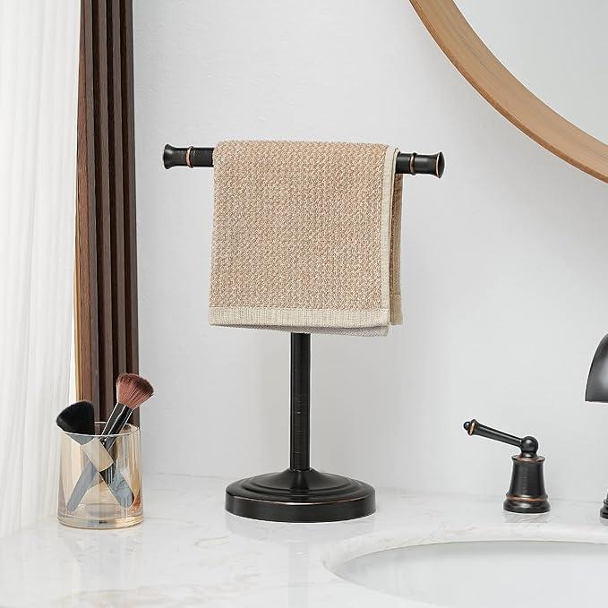 RUMOSE 13 Inch Oil Rubbed Bronze Towel Stand Hand Towel Holder Bathroom Kitchen Vanity Countertop T-Shape Towel Rack Free Standing Stainless Steel Towel Bar Towel Ring - ModernBath
