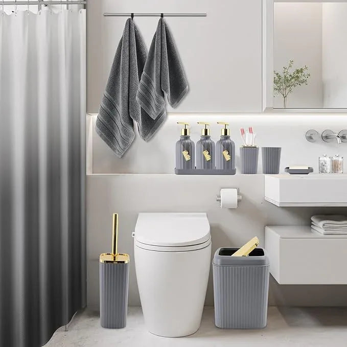 WSBArt 32PCS Bathroom Accessories Set Bathroom Set,Grey Shower Curtain Set,Bath Towel Set,Hand Towel,Toilet Brush,Trash Can & 3PCS Soap Dispenser - ModernBath