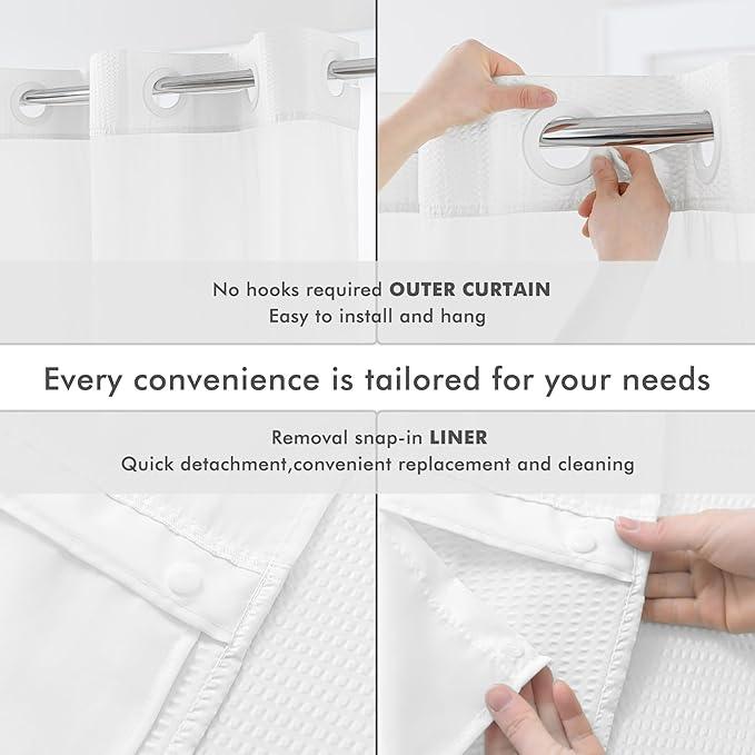 Mrs Awesome No Hook Shower Curtain with Snap-in Liner, Embossed Waffle Design Fabric Shower Curtain for Bathroom, Soft & Lightweight, 71x86, White - ModernBath