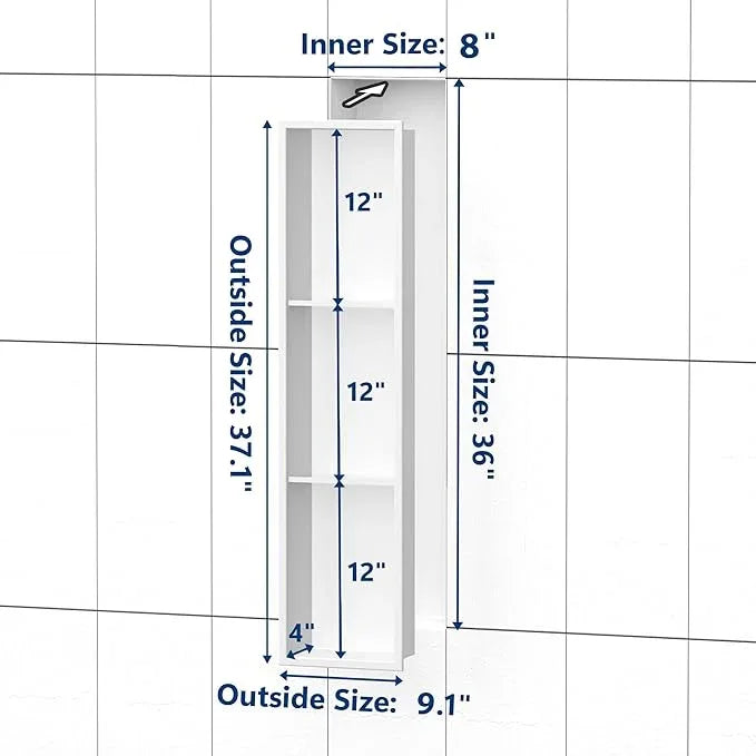 Qeke Stainless Steel Shower Niche 8" X 36", No Tile Needed Wall Niche Three-Tier, Recessed Shower Shelf for Bathroom Storage, Matte White - ModernBath