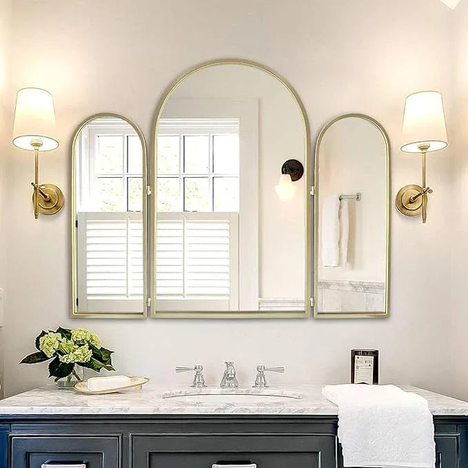 BAODANFU Trifold Vanity Mirrors 3 Way, 30 x 37in Adjustable Vanity Mirrors for Bathroom, Bedroom, Champaign Golden Arch Mirrors Wall Mounted Decoration, Braiding Hair, Makeup 360° Way - ModernBath