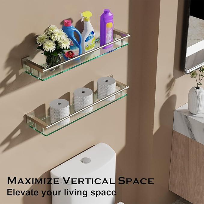 Glass Shelf for Bathroom Wall Sheves 24 inch Rectangular Stainless Steel Tempered Glass Modern Stainless Steel Wall Mount Accessories Organizers Storage (Brushed Nickel, 24‘’) - ModernBath
