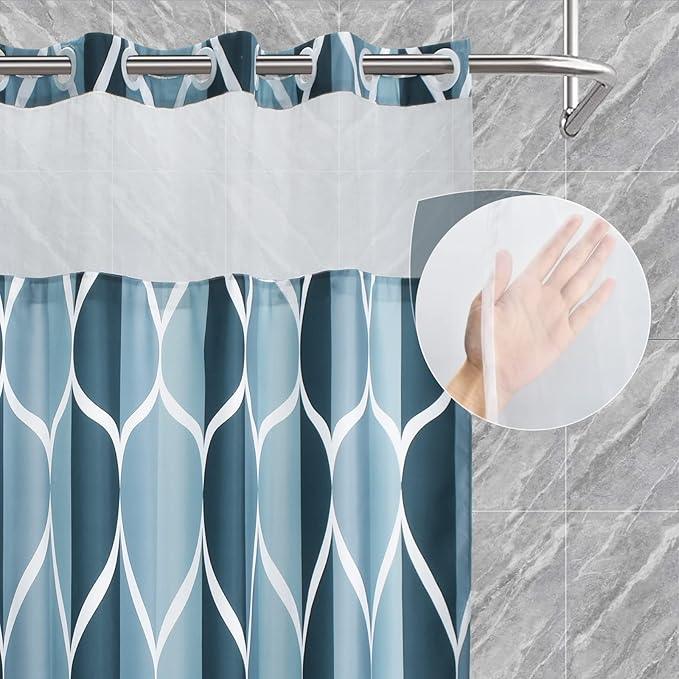 Yiatn No Hook Aegean Blue Shower Curtain with Snap in Fabric Liner Set - Hotel Style with See Through Mesh Top Window, Modern Geometric Waterdrop Design,Waterproof and Washable, 71x74 INCH - ModernBath