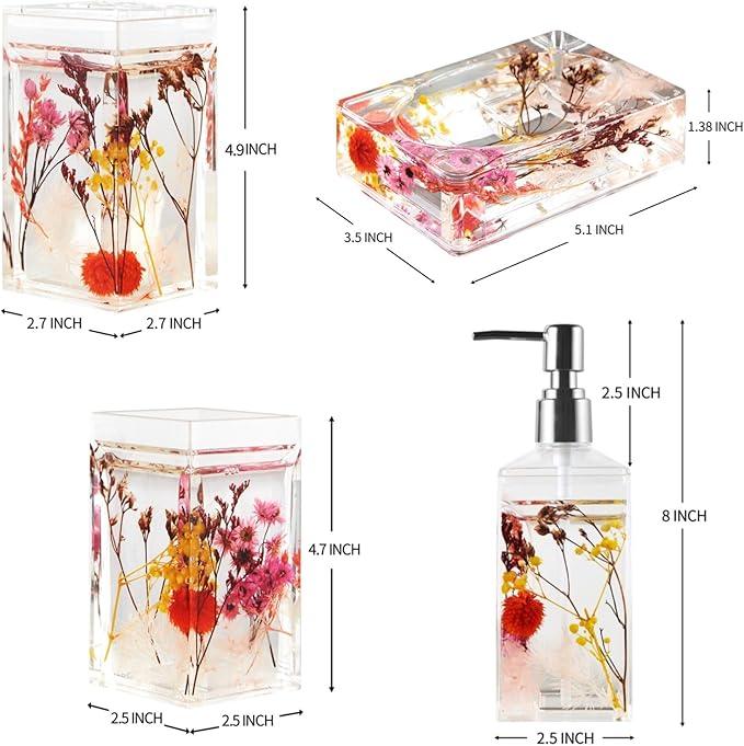 Locco Decor 4 Piece Acrylic Liquid 4D Floating Motion Bathroom Vanity Accessory Set Garden Botanic Pink Plants Toothbrush Holder, Tumbler, Soap Dispenser, Soap Dish - ModernBath