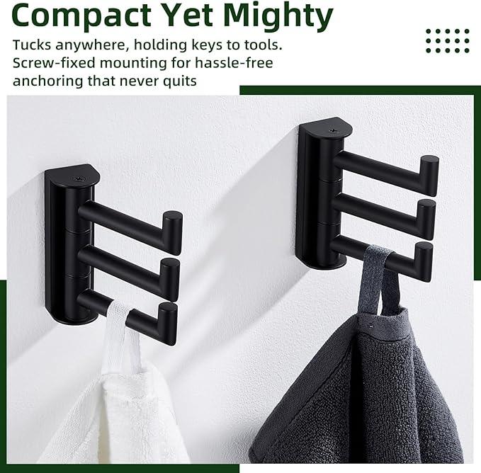 APLusee Matte Black Swivel Towel Hooks for Bathroom 2 Pack, 304 Stainless Steel Foldable Coat Hooks with Multi 3 Arms, Heavy Duty Robe Towel Holders Wall Mounted - ModernBath
