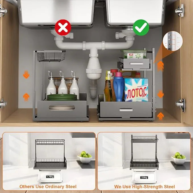 Under Sink Organizer,2 Tier Slide Out Kitchen Cabinet Organizers with Pulley,Under Bathroom Sink Pull Out Organizer with Multiple Height Adjustments for Kitchen and Bathroom Cabinets (Gray) - ModernBath