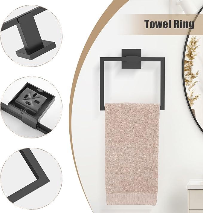 TQKAG Matte Black Bathroom Hardware Accessories Set 5 Pieces, Double Post Pivoting Toilet Paper Holder Set Stainless Steel Square Bathroom Towel Bar Holder Set Wall Mounted - ModernBath