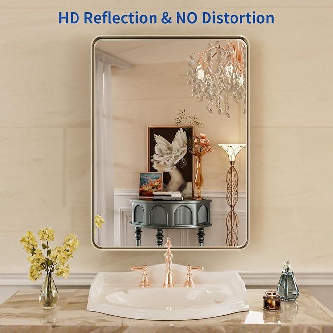 WEER 22X30 Inch Brushed Nickel Bathroom Mirror, Brushed Silver Metal Frame Mirror, Rounded Rectangle Silver Bathroom Vanity Mirror, Tempered Glass, Anti-Rust, Hangs Horizontally or Vertically - ModernBath