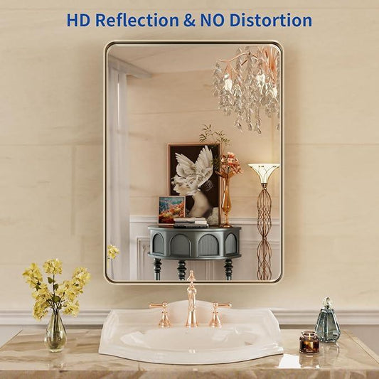 WEER 22X30 Inch Brushed Nickel Bathroom Mirror, Brushed Silver Metal Frame Mirror, Rounded Rectangle Silver Bathroom Vanity Mirror, Tempered Glass, Anti-Rust, Hangs Horizontally or Vertically - ModernBath