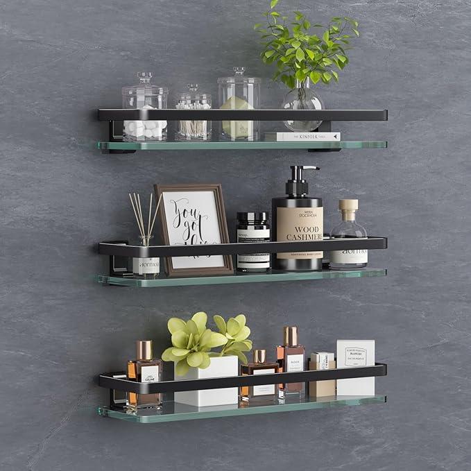 VOLPONE Bathroom Wall Shelf 15.7in Bathroom Glass Shelves Wall Mount Glass Shelf Rustproof Bathroom Wall Organizer 3 Tier (Black) - ModernBath