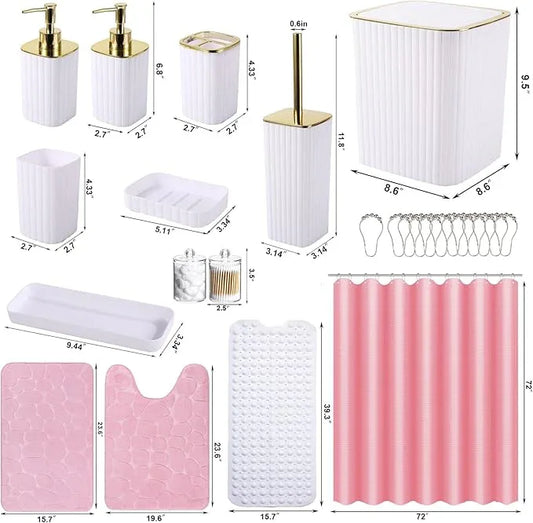 XLHOMO 26PC Bathroom Set - Gorgeous White Bathroom Set, Bathroom Accessories Set, Pink Shower Curtain Set with Bathtub Mats for Shower Tub - ModernBath