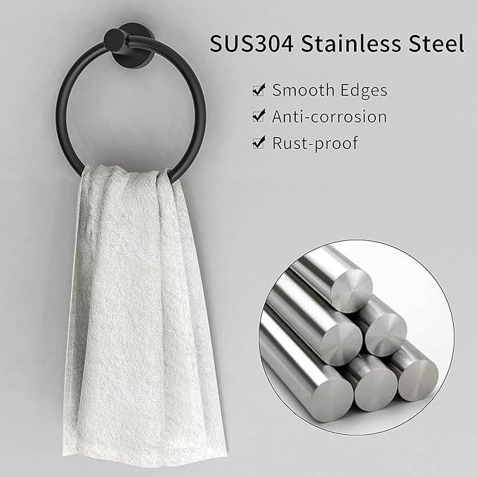 Matte Black 2 Pack Towel Ring, Hand Towel Holder for Bathroom Kitchen Modern Rounded Base Wall Mount SUS304 Stainless Steel, 180° Rotation - ModernBath
