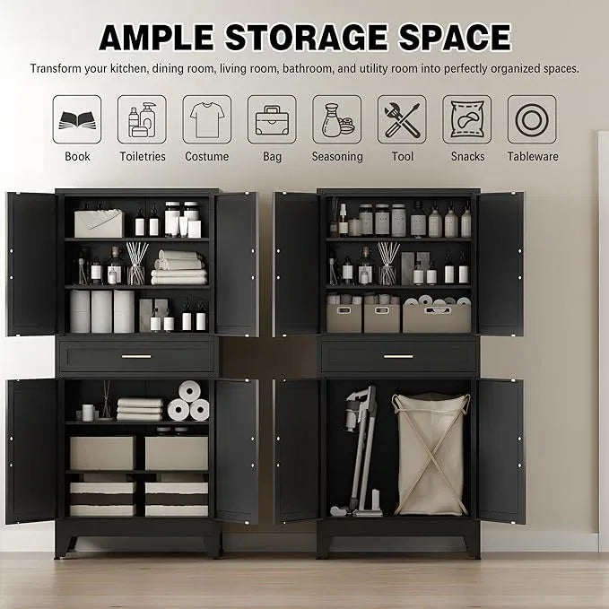 COFaR 71" Tall Metal Storage Cabinet with 4 Doors and 4 Adjustable Shelves, 6-Tier Farmhouse Storage Cabinet with Drawers and Legs, for Office, Home, Garage, Gym, School, Living Room, Hallway（Black） - ModernBath
