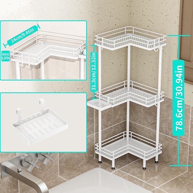 HapiRm Corner Shower Caddy Standing - 3 Tier Shower Organizer Corner with Soap Holder, Rustproof Bathroom Standing Organizer with 4 Hooks, White - ModernBath