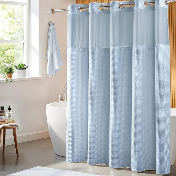 River Dream Misty Blue Fabric Shower Curtain Set, Cotton Blend, Waffle Weave, with Snap in Replacement Liner，71 x 86 inches - ModernBath