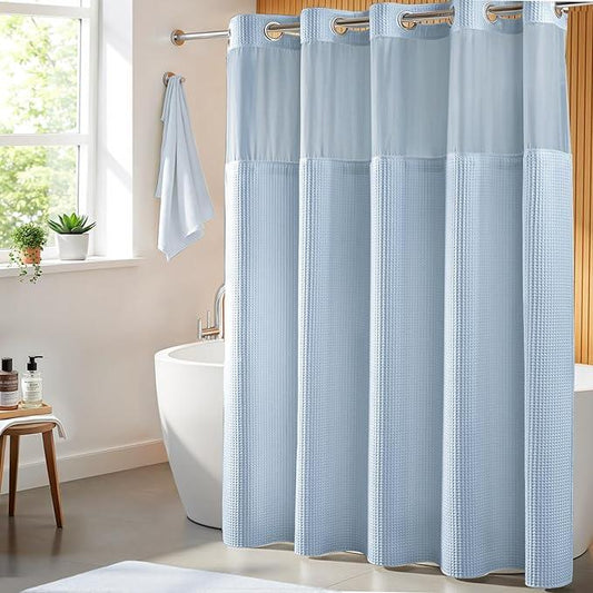 River Dream Misty Blue Fabric Shower Curtain Set, Cotton Blend, Waffle Weave, with Snap in Replacement Liner，71 x 86 inches - ModernBath