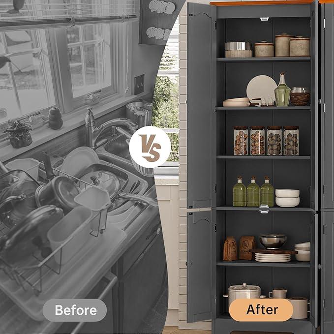 4 Door Pantry -72.2'' Kitchen Cabinet with Adjustable Shelves, Freestanding Cupboard, Tall Storage Cabinets for Dining Room, Living Room, Laundry, Bathroom, Entryway, Grey - ModernBath