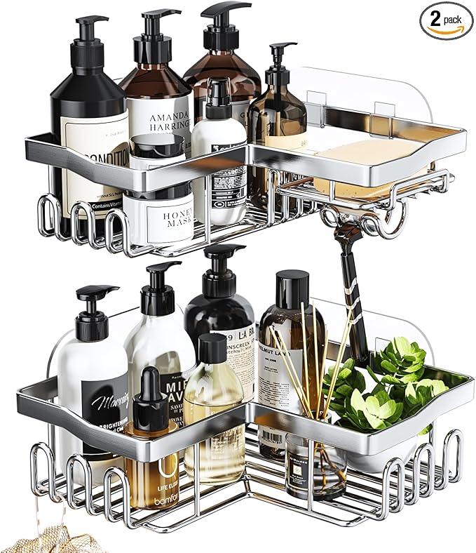 SWTYMIKI Shower Caddy Corner with Soap Holder, 2-Tier Stainless Steel Corner Shower Organizer with 11 Hooks, No Drilling & 6 Strong Adhesives Bathroom Shelf Organizer, Silver - 2 Tier - ModernBath
