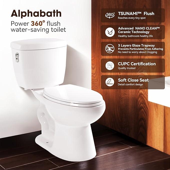 Alphabath 17“ Comfort Height Toilet with Soft close seat, Two piece Toilets for Bathroom, Nano Self-Cleaning Glaze, 1.01 GPF Powerful Single Flush, Easy to Clean & Install, ADA Height, 12" Rough-In - ModernBath