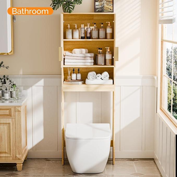VINGLI Over The Toilet Storage Cabinet with Fluted Doors, Mid Century Modern Bathroom Organizer Over Toilet, Freestanding Wooden Space Saver Stand with Adjustable Shelves, Natural Oak - ModernBath