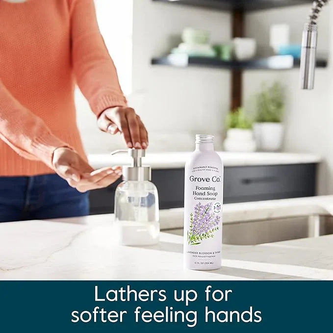 Grove Co. Foaming Hand Soap Concentrate (12 Fl Oz) + Reusable Glass Soap Dispenser, Plastic-Free Liquid Refillable Starter Kit, Natural Lavender Blossom & Thyme Fragrance - ModernBath