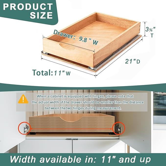 Pull Out Drawers for Kitchen Cabinets, Pull Out Cabinet Organizer, Fully Assembled Wood Cabinet Pull Out Drawer, Fast and Easy DIY Installation, 11”W x 21”D - ModernBath