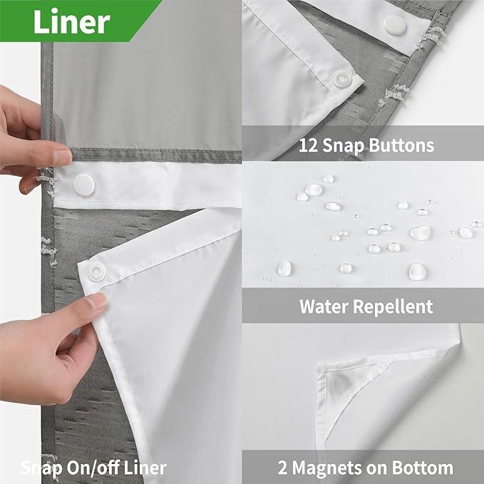 Grey No Hook Shower Curtain with Snap-in Liner Set,Boho Modern Farmhouse White Tufted Chevron Striped Design,Woven Fabric Bathroom Curtain,71x74 - ModernBath