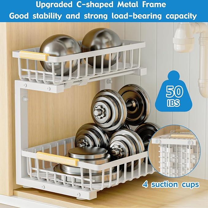 2Pcs Under Sink Organizer, Adjustable Under Sink Organizers and Storage, 2-Tier Pull Out Under Kitchen Sink Organizer, Sliding Out Metal Under Bathroom Sink Organizer for Kitchen Pantry White - ModernBath