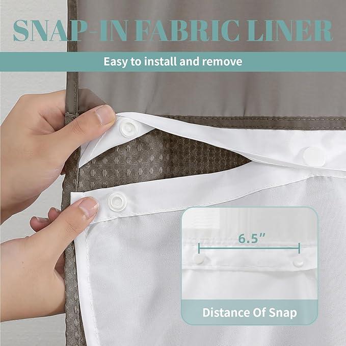 eachope Brown No Hook Waffle Weave Shower Curtain with snap-in Liner Replacement, 230GSM Waterproof Fabric Hotel Shower Curtain Set for Bathroom, Through Mesh Top Window,71Wx74H - ModernBath