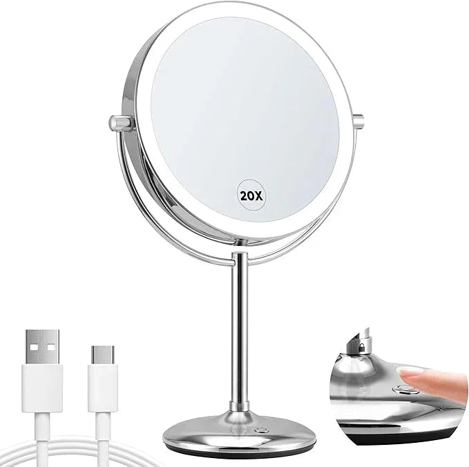 VORREMIRR 9" Large Lighted Makeup Mirror with Magnification 20X/1X, Magnifying Mirror with Base Charging and Switch, Rechargeable Vanity Mirror with 3 Color Dimmable Lights for Dresser, Bathroom - ModernBath