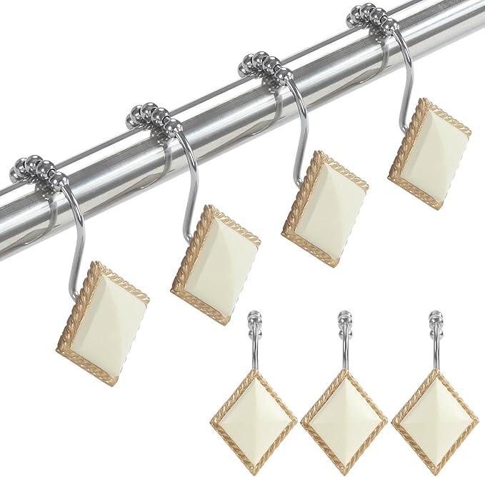Cream Beige Gold Shower Curtain Hooks Rust Proof, Modern Boho Geometric Decorative Shower Hooks for Shower Curtain, 5 Roller Ring Balls Farmhouse Bathroom Shower Curtain Hooks, Set of 12 - ModernBath