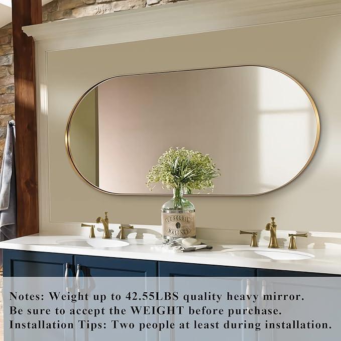 ANDY STAR Gold Bathroom Mirror 60 x 30 Inch, Full Length Mirror, Oval Vanity Mirror, Pill Shaped Mirror in Stainless Steel 1’’ Deep Wall Mounted Vertical/Horizontal - ModernBath